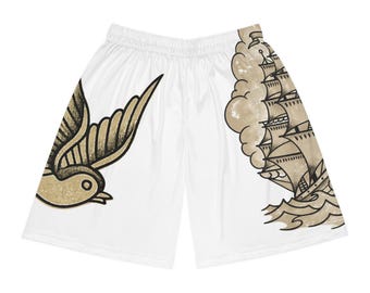 Traditional Tattoo Bird & Ship Shorts Vintage AOP Basketball Shorts