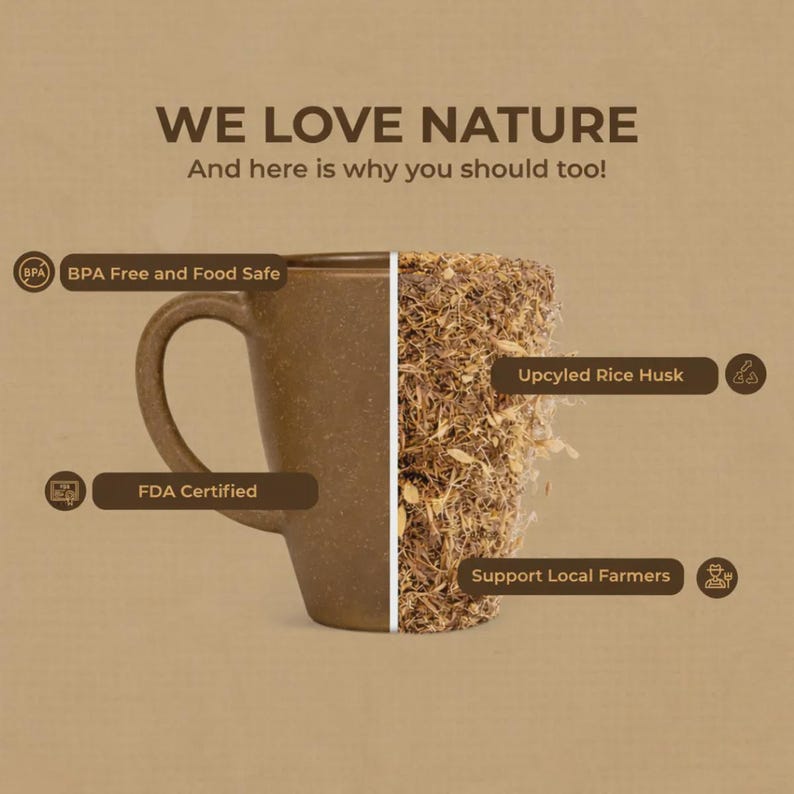 May include: A brown mug made from upcycled rice husk, with the text "WE LOVE NATURE" and "And here is why you should too!". The mug is BPA free and FDA certified. The image also highlights the use of upcycled rice husk and support for local farmers.