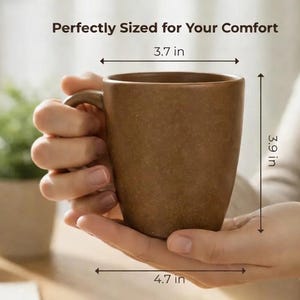 May include: A brown mug with a handle is held in a person's hands. The mug is 3.9 inches tall, 3.7 inches wide, and 4.7 inches in diameter. The text "Perfectly Sized for Your Comfort" is above the mug.