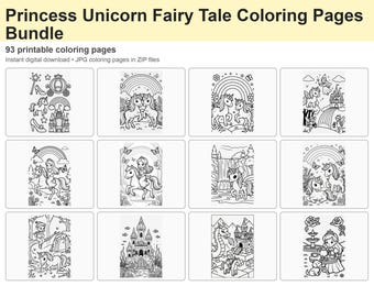 Princess Unicorn Fairy Tale Coloring Pages, 93 Printable JPG Pages for Kids
