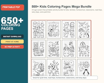650 Printable Kids Coloring Pages Mega Bundle, Printable PDF Activity Pack, Instant Download