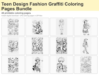 Teen Fashion Graffiti Design Coloring Pages, 48 Printable JPG Pages