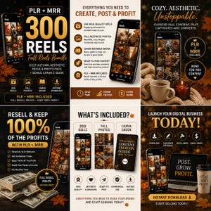 Könnte beinhalten: Eine Werbegrafik für ein digitales Produktpaket. Das Bild zeigt ein Smartphone mit Herbst-Themen-Reels, einen Laptop und eine Kaffeetasse. Der Text enthält "300 Reels", "Fall Reels Bundle" und "Starte dein digitales Geschäft heute!"