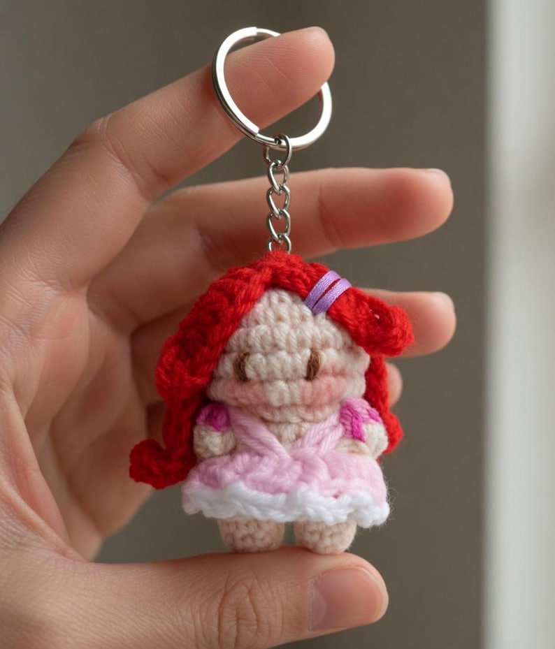 May include: A handmade crochet doll keychain. The doll has red hair, a pink dress with white trim, and a purple hair ribbon. The keychain is attached to a silver metal ring and chain. The doll is approximately 2 inches tall.