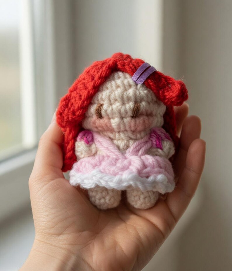 May include: A small, handmade crochet doll with red hair, a pink dress, and a white trim. The doll has a light skin tone and is held in a hand. The doll's hair is styled with a purple barrette. The doll's dress has pink accents.