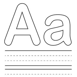 May include: A black and white worksheet featuring the uppercase and lowercase letter "A". The worksheet includes lines for writing practice and spaces for the name and date.