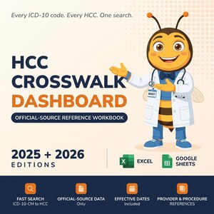 May include: An advertisement for the HCC Crosswalk Dashboard, featuring a cartoon bee character in a doctor's coat. The text includes "2025 + 2026 Editions" and mentions Excel and Google Sheets. The image also highlights features like fast search and official-source data.