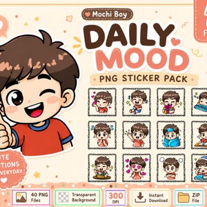 May include: A digital sticker pack with a cartoon boy expressing different moods. The main image shows a winking boy giving a thumbs up. Text includes "Daily Mood" and "Cute Emotions for Everyday". Contains 40 PNG files.