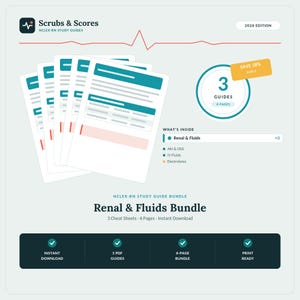 Pode incluir: Um pacote de guias de estudo digitais Renal & Fluids para o NCLEX-RN, contendo três folhas de resumo com um total de seis páginas. O gráfico inclui o texto Scrubs & Scores, 2026 Edition, e lista tópicos como AKI & CKD, IV Fluids e Electrolytes.