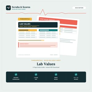 May include: A 2-page NCLEX-RN study guide titled Lab Values, 2026 Edition. The document features tables for ranges, critical values, and antidotes, with a nursing priority section. It is an 8.5 x 11 inches print-ready PDF for instant download.