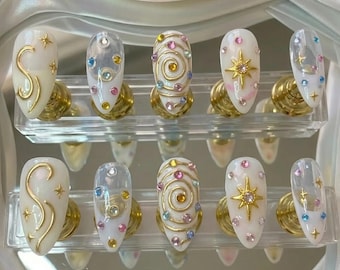 Luxury Celestial Star Press On Nails: Gold Chrome Spiral, Colorful Gem Nail Set