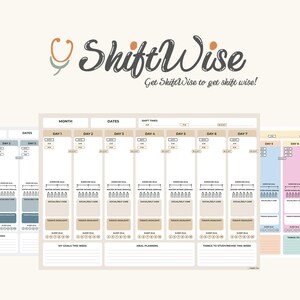 Può includere: Un set di pagine di pianificazione stampabili con un layout settimanale. Le pagine presentano sezioni per orari giornalieri, obiettivi e note. Il logo "ShiftWise" e lo slogan sono in alto. La combinazione di colori include beige, blu e rosa.