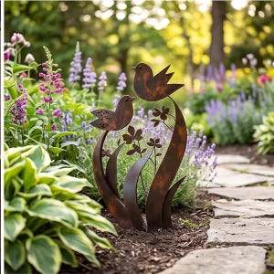 May include: A rust-colored metal garden sculpture featuring two stylized birds perched atop curved, ribbon-like stems. The design includes thin metal branches with small, flat flower shapes integrated into the structure, creating a vertical silhouette.