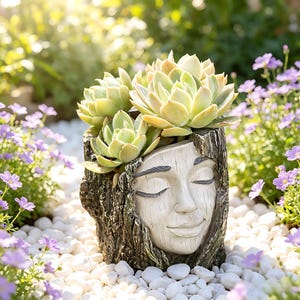 May include: A decorative planter featuring a serene face design, crafted from a dark, textured material. The planter holds several green and yellow succulents. The planter is surrounded by white stones and purple flowers.