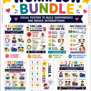 May include: A classroom workflow bundle featuring nine colourful printable posters with text and illustrations. The posters provide visual instructions for students, including steps for finishing work, asking questions, and managing wait times independently.