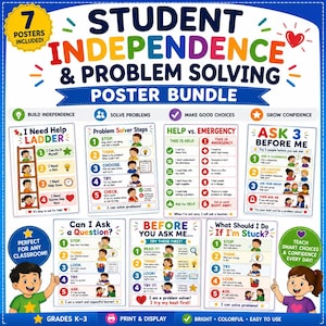 Puede incluir: Un paquete de 7 pósteres educativos titulado Student Independence & Problem Solving Poster Bundle. Los pósteres incluyen ilustraciones coloridas y guías de texto para tareas en el aula, incluyendo I Need Help Ladder, Problem Solver Steps, Help vs. Emergency, Ask 3 Before Me, Can I Ask a Question, Before You Ask Me y What Should I Do If I'm Stuck.