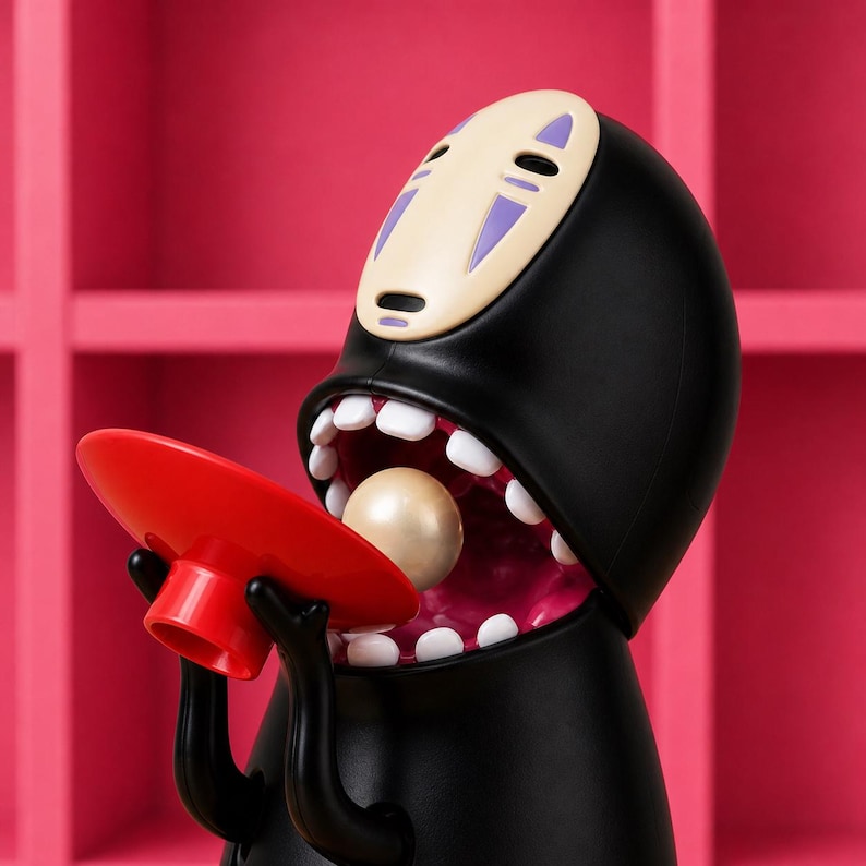 May include: A black figurine of a character with a white face and purple markings, holding a red plate. The character's mouth is open, revealing white teeth and a pearl-like sphere. The background is a pink shelf.