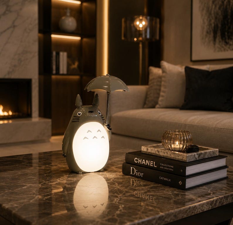 May include: A grey Totoro-shaped lamp with a white illuminated belly, holding a small umbrella. The lamp sits on a marble coffee table, beside books and a candle holder. The background features a fireplace and a sofa.