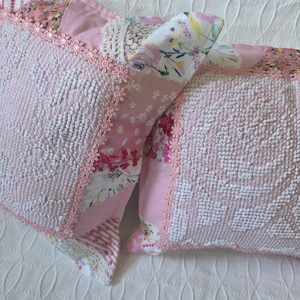 Handmade quilted pillow, pink fabric prints,  decorative throw, patchwork design, cotton pillow, bedroom decor, square, embroidered