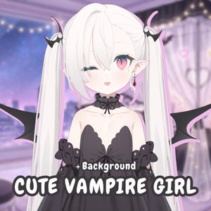 Op de afbeelding: Een digitale illustratie van een schattig vampier meisje met wit haar, roze ogen en een zwarte jurk. De afbeelding bevat de tekst "CUTE VAMPIRE GIRL" en "+ Background". Het meisje knipoogt en heeft vleermuisvormige haaraccessoires.