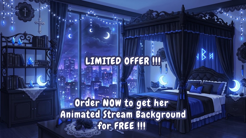 Puede incluir: Ilustraci&oacute;n digital de una escena de dormitorio con vista de la ciudad nocturna, una cama con dosel y luces decorativas. La imagen es predominantemente azul y negra, con el texto "LIMITED OFFER!!!" y "Order NOW to get her Animated Stream Background for FREE!!!".