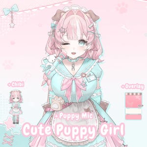 Peut inclure: Une illustration numérique d'un personnage aux cheveux roses et oreilles de chiot portant une tenue de style soubrette bleu clair et rose avec un tablier blanc. Le personnage tient un micro et porte le texte Cute Puppy Girl, Chibi et Overlay.