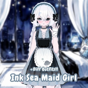 May include: An illustration of a character in a maid outfit with the text "Ink Sea Maid Girl" at the bottom. The outfit is black and light blue with a white apron. The character has white hair and is wearing a headband with black bows.
