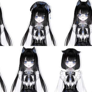 Puede incluir: Ilustraci&oacute;n de dise&ntilde;os de personajes de estilo anime con cabello negro y ojos azules, cada uno con diferentes peinados y accesorios. El texto "Hair & styles" se muestra en la esquina superior derecha.