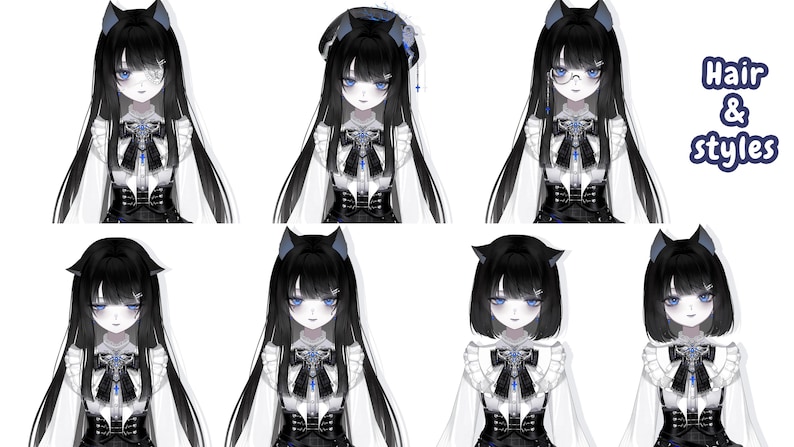 Puede incluir: Ilustraci&oacute;n de dise&ntilde;os de personajes de estilo anime con cabello negro y ojos azules, cada uno con diferentes peinados y accesorios. El texto "Hair & styles" se muestra en la esquina superior derecha.