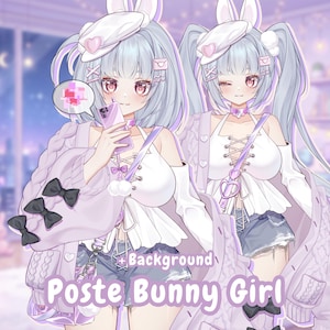 Może przedstawiać: Ilustracja dwóch postaci w stylu anime, każda z jasnoniebieskimi włosami i króliczymi uszami. Noszą białe topy, dżinsowe szorty i jasnofioletowe kardigany. Obraz zawiera tekst "Poste Bunny Girl" w miękkim, pastelowym stylu.