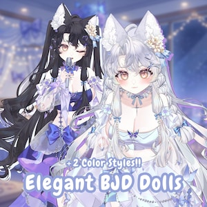 May include: Two elegant BJD dolls in the image. One doll has black hair and is holding a microphone, while the other has white hair. Both dolls are wearing elaborate, light-colored dresses with floral and bow accents. The text reads "+ 2 Color Styles!! Elegant BJD Dolls".