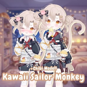 Puede incluir: Dos personajes de estilo anime vestidos con trajes de marinero con rasgos de mono. Llevan tops a rayas blancas y negras, pantalones cortos y tienen colas de mono. La imagen incluye el texto "Kawaii Sailor Monkey" y "+ Chibi Mode!!".