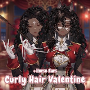 May include: Two illustrations of a person with dark curly hair, wearing a red and black military-style jacket with gold accents. One illustration has horse ears. The text "Curly Hair Valentine" is at the bottom of the image.