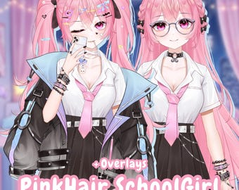 Modelo Live2D de colegiala de pelo rosa | Modelo Vtube / Transmisión en Twitch / Transmisión en YouTube / Vtuber prefabricada / Totalmente animada / Estudio Vtuber / Lista para usar