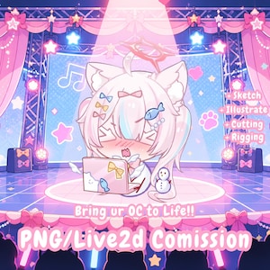 May include: A digital illustration of a white-haired cat-eared character with a halo, sitting on a stage with a laptop. Text reads: + Sketch + Illustrate + Cutting + Rigging, Bring ur OC to Life!!, PNG/Live2d Comission. Pink and blue lighting.