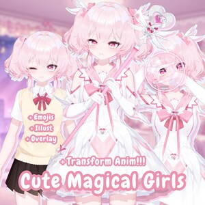 May include: An illustration of three anime-style characters with pink hair and outfits. The characters are in a magical girl theme, with one wearing a school uniform and the others in white dresses with pink accents. Text includes "Cute Magical Girls".