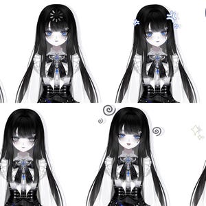 Puede incluir: Ilustraci&oacute;n digital de un personaje con cabello largo y negro y piel p&aacute;lida, que muestra varias expresiones faciales. El personaje viste un atuendo blanco y negro con un lazo. El texto en la imagen dice "Expressions" y "Emotes".