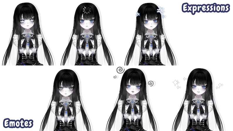Puede incluir: Ilustraci&oacute;n digital de un personaje con cabello largo y negro y piel p&aacute;lida, que muestra varias expresiones faciales. El personaje viste un atuendo blanco y negro con un lazo. El texto en la imagen dice "Expressions" y "Emotes".