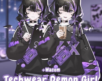 Modelo Live2D Techwear Demon Girl | Modelo Vtube / Transmisión en Twitch / Transmisión en YouTube / Vtuber prefabricada / Totalmente animada / Estudio Vtuber / Lista para usar