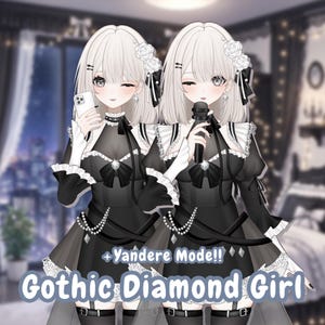 Puede incluir: Dos figuras de estilo anime con vestidos góticos negros con ribetes y lazos de encaje blanco. Una sostiene un teléfono, la otra un micrófono. El texto dice "+ Yandere Mode!!" y "Gothic Diamond Girl."