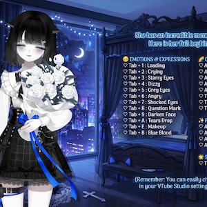 Puede incluir: Un personaje de estilo anime, vestido de blanco y negro, sosteniendo un ramo de flores blancas. La imagen incluye una tabla de enlace de teclas con opciones para emociones, expresiones, atuendos, peinados, poses, accesorios y modos especiales.