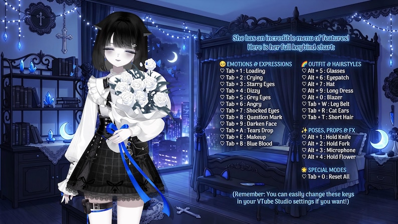 Puede incluir: Un personaje de estilo anime, vestido de blanco y negro, sosteniendo un ramo de flores blancas. La imagen incluye una tabla de enlace de teclas con opciones para emociones, expresiones, atuendos, peinados, poses, accesorios y modos especiales.