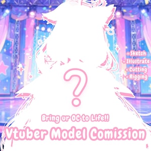 May include: A white silhouette of a character with animal ears and a question mark in the center. The text reads: +Sketch, +Illustrate, +Cutting, +Rigging, Bring ur OC to Life!!, and Vtuber Model Comission, set against a pink and blue stage background.