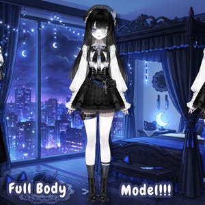 Puede incluir: Tres ilustraciones de un personaje con un atuendo g&oacute;tico lolita. El personaje lleva un vestido blanco y negro, sosteniendo un ramo de flores blancas. El fondo presenta un paisaje urbano y un dormitorio. El texto en la imagen dice "Full Body" y "Model!!!".