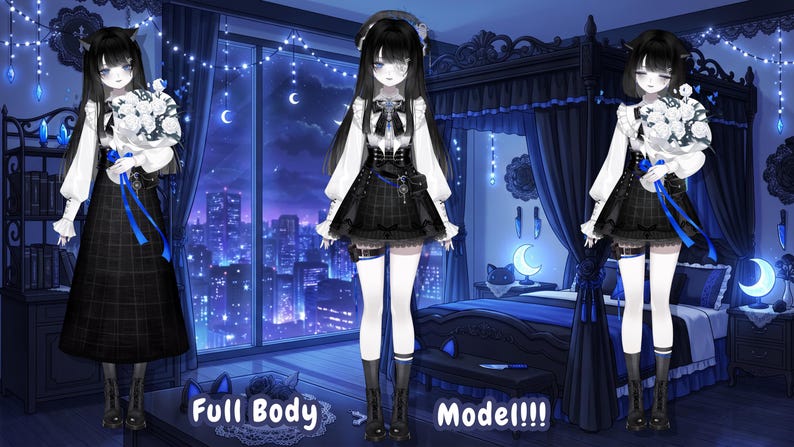Puede incluir: Tres ilustraciones de un personaje con un atuendo g&oacute;tico lolita. El personaje lleva un vestido blanco y negro, sosteniendo un ramo de flores blancas. El fondo presenta un paisaje urbano y un dormitorio. El texto en la imagen dice "Full Body" y "Model!!!".
