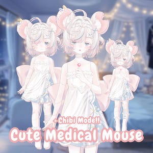 Puede incluir: Ilustración de tres figuras de estilo anime, cada una parecida a un ratón con orejas rosas y un vestido blanco. Las figuras tienen vendas y sostienen una piruleta. El texto "Cute Medical Mouse" se muestra en la parte inferior.