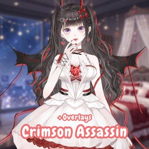 May include: Digital artwork of a character in a white dress with red details, black bat-wing accessories, and long black hair with red streaks. The text "+Overlays" and "Crimson Assassin" are displayed in a pink font.