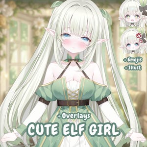 May include: An illustration of a cute elf girl with long white hair, blue eyes, and pointed ears. She wears a green dress with a brown belt and the text "CUTE ELF GIRL" at the bottom. Additional illustrations and text are in the upper right corner.
