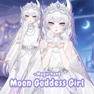 Puede incluir: Dos ilustraciones de estilo anime de una Moon Goddess Girl. Los personajes tienen cabello blanco, ojos azules y visten vestidos blancos con detalles plateados y azules. Una sostiene un orbe brillante. El texto dice "+ Magic hand" y "Moon Goddess Girl".