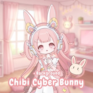 May include: A digital illustration of a chibi character with long pink hair, wearing white and yellow futuristic headphones with bunny ears. The character has a white dress, a pink bag with a yellow lightning bolt, and holds a small bunny-themed item.